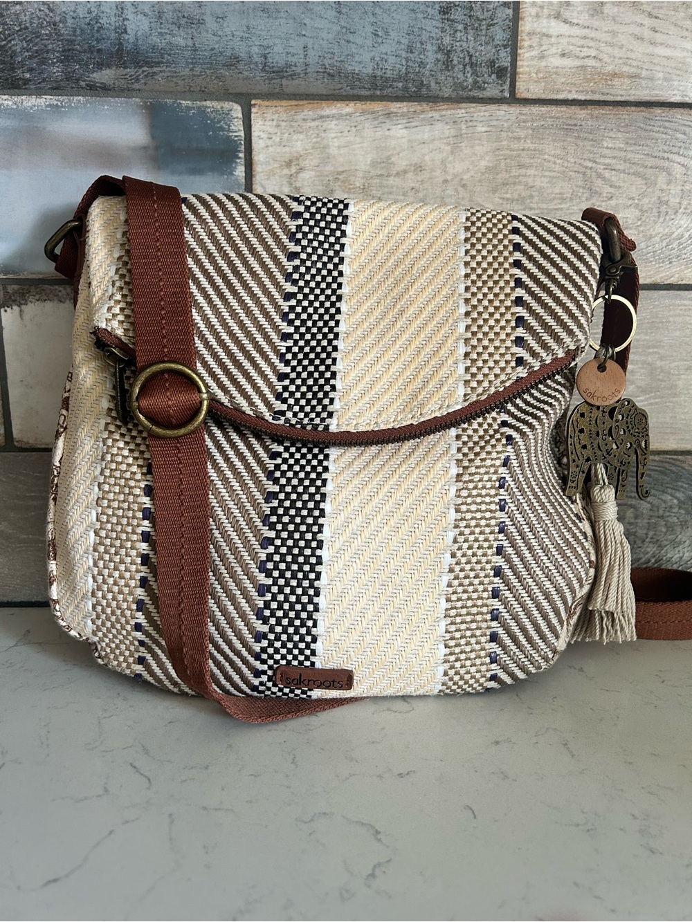 EUC Sakroots Woven Foldover Crossbody Bag in Brown, Cream, & Purple